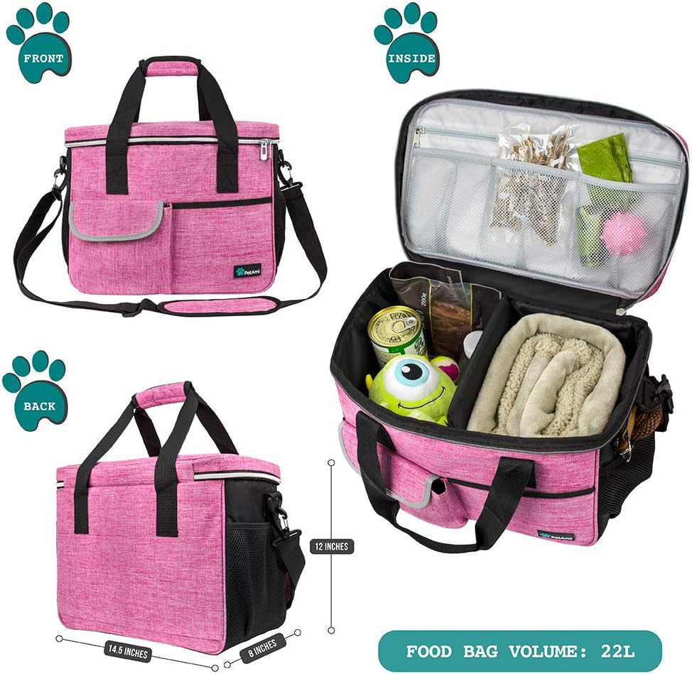 Ultimate Pink Dog Travel Bag: Stylish Organizer with Food Containers & Collapsible Bowls for Pet Adventures
