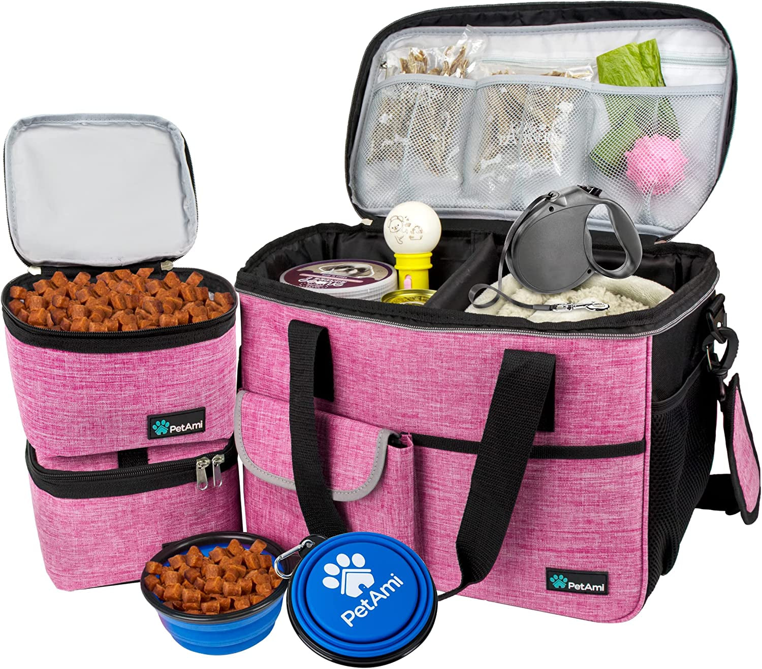 Ultimate Pink Dog Travel Bag: Stylish Organizer with Food Containers & Collapsible Bowls for Pet Adventures