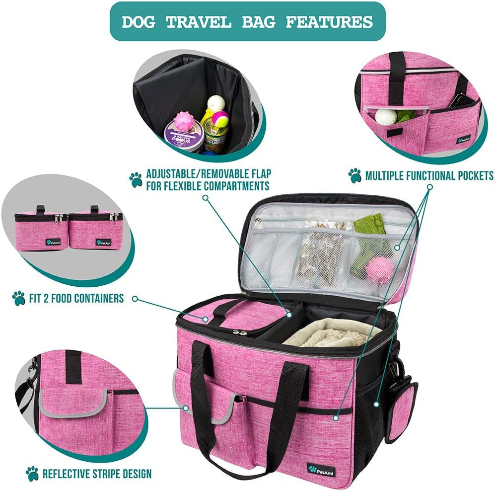 Ultimate Pink Dog Travel Bag: Stylish Organizer with Food Containers & Collapsible Bowls for Pet Adventures